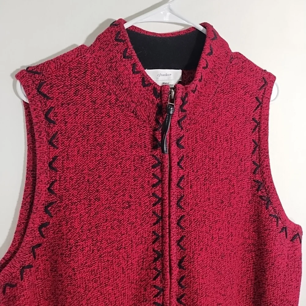 CJ Banks Ramie Knit Sweater Vest 1X  Red/Black Hand Embroidered Full Zip